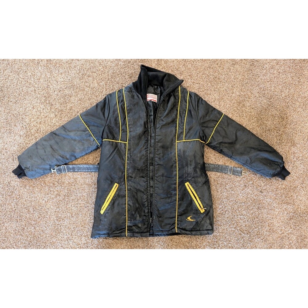 Vintage Bombardier Sportswear Snowmobile Jacket Black Yellow Piping Belted Sz L